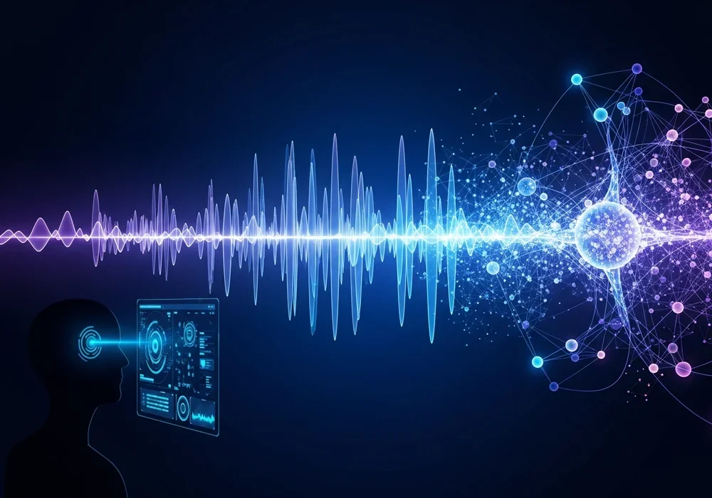 본문 이미지: An abstract visualization of conversational AI search. Glowing sound waves flowing in<a href=