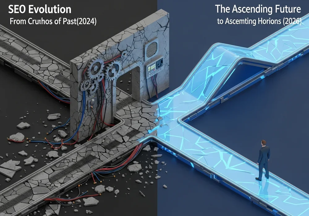 본문 이미지: A conceptual 3D isometric illustration depicting the evolution of SEO strategies. On the left sid...