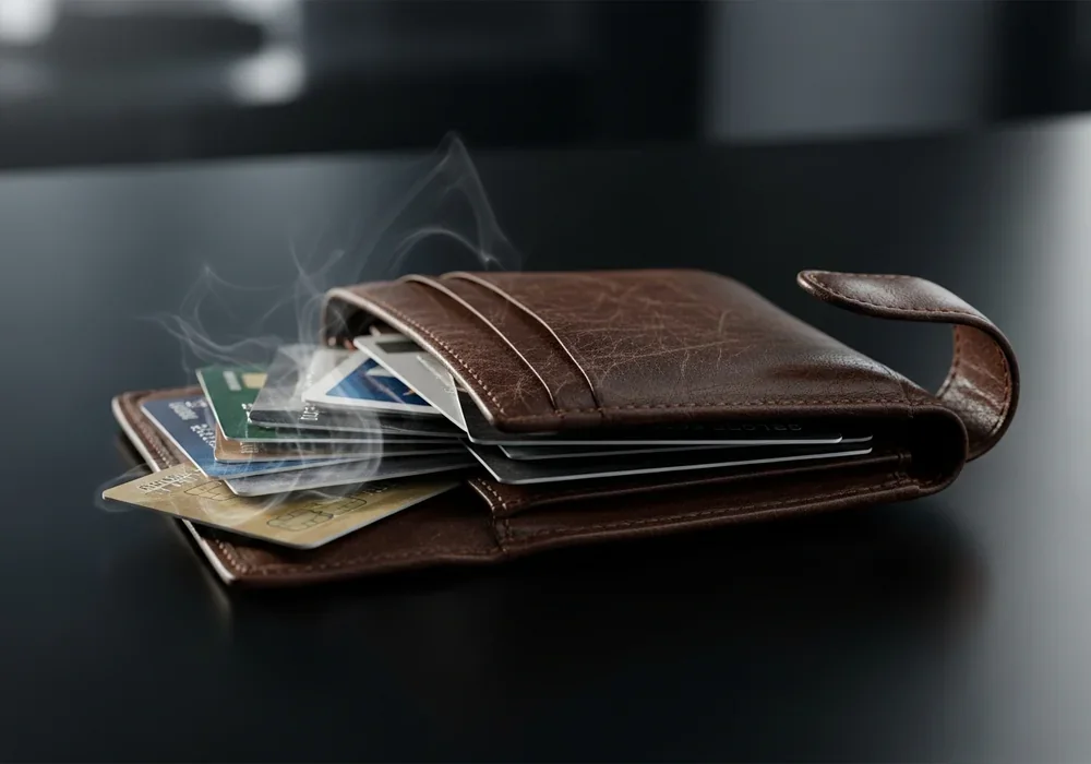 본문 이미지: A close-up, high-quality photograph of a worn-out, overstuffed leather wallet resting on a sleek ...