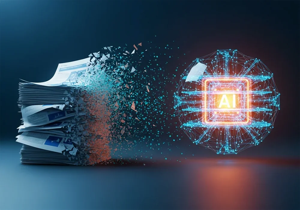 본문 이미지: A high-quality 3D conceptual illustration representing the vanishing of traditional informational...